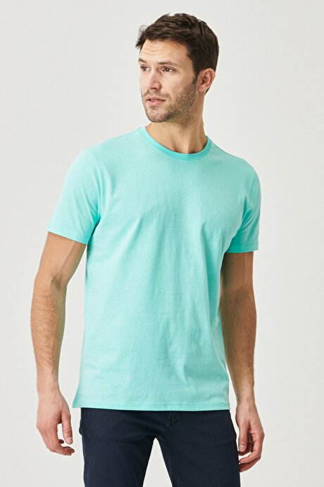 Slim Fit Dar Kesim Bisiklet Yaka %100 Pamuk Kısa Kollu Turkuaz Tişört resmi