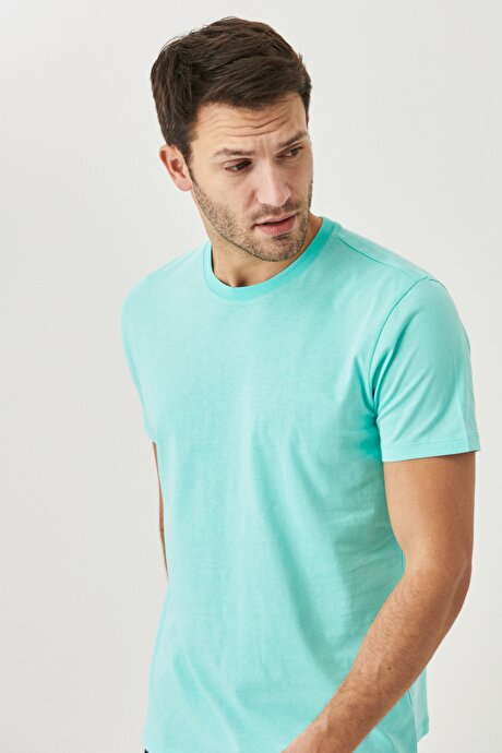 Slim Fit Dar Kesim Bisiklet Yaka %100 Pamuk Kısa Kollu Turkuaz Tişört resmi