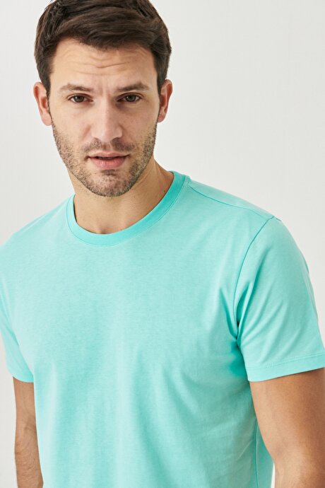 Slim Fit Dar Kesim Bisiklet Yaka %100 Pamuk Kısa Kollu Turkuaz Tişört resmi