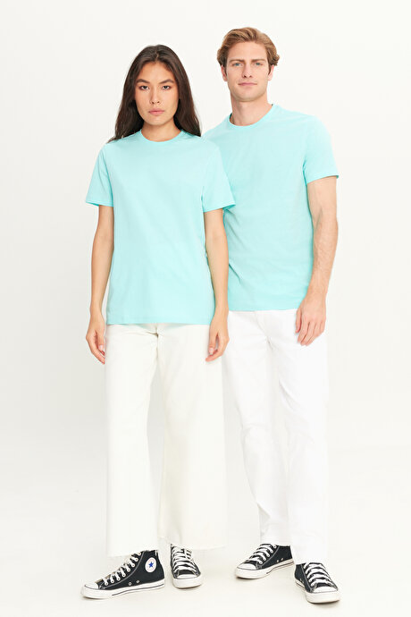 Slim Fit Dar Kesim Bisiklet Yaka %100 Pamuk Kısa Kollu Turkuaz Tişört resmi