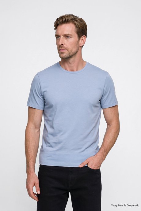 360 Derece Her Yöne Esneyen Slim Fit Bisiklet Yaka Açık Mavi Tişört resmi