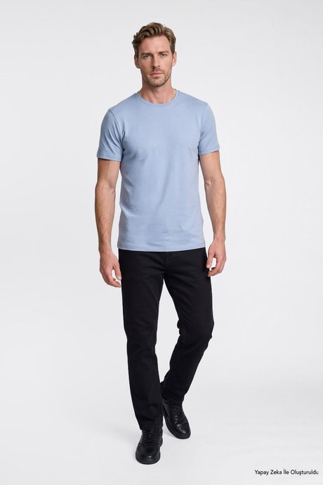 360 Derece Her Yöne Esneyen Slim Fit Bisiklet Yaka Açık Mavi Tişört resmi