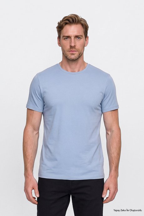 360 Derece Her Yöne Esneyen Slim Fit Bisiklet Yaka Açık Mavi Tişört resmi