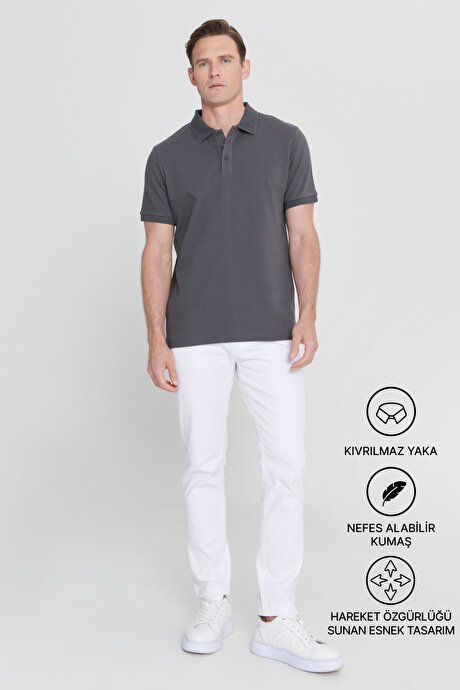 %100 Pamuk Kıvrılmaz Pike Polo Yaka Slim Fit Dar Kesim Antrasit Tişört resmi