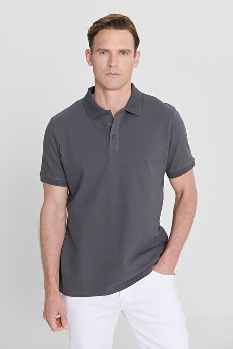 %100 Pamuk Kıvrılmaz Pike Polo Yaka Slim Fit Dar Kesim Antrasit Tişört resmi