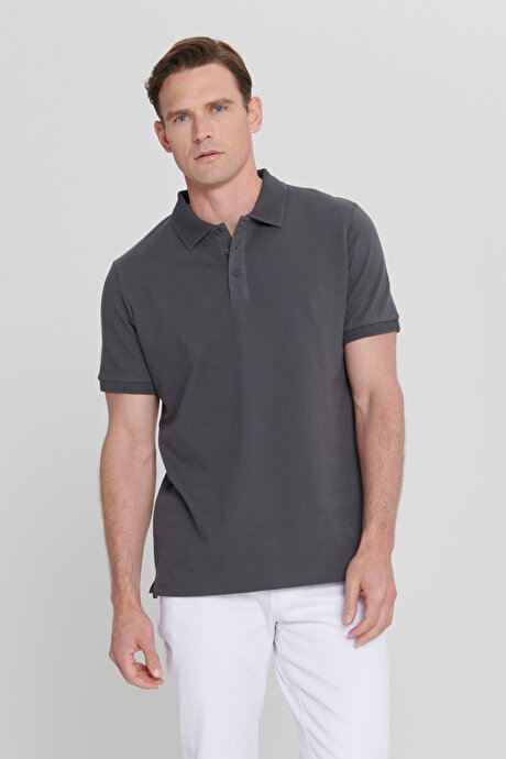 %100 Pamuk Kıvrılmaz Pike Polo Yaka Slim Fit Dar Kesim Antrasit Tişört resmi