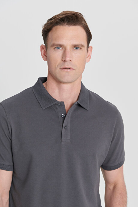 %100 Pamuk Kıvrılmaz Pike Polo Yaka Slim Fit Dar Kesim Antrasit Tişört resmi