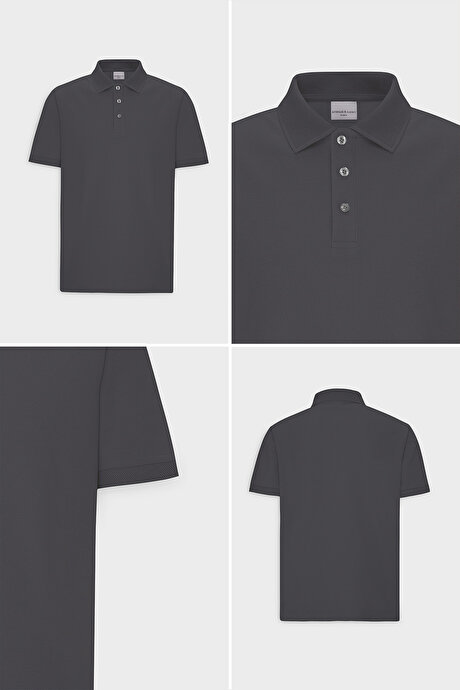 %100 Pamuk Kıvrılmaz Pike Polo Yaka Slim Fit Dar Kesim Antrasit Tişört resmi