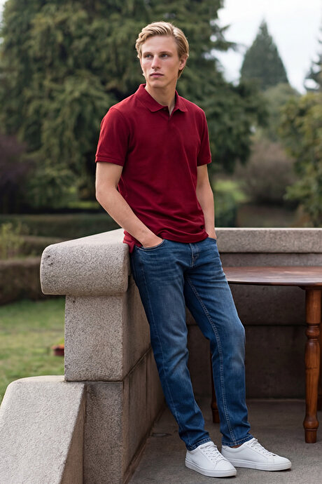 %100 Pamuk Kıvrılmaz Pike Polo Yaka Slim Fit Dar Kesim Bordo Tişört resmi