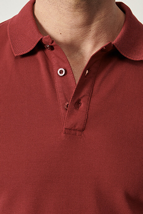 %100 Pamuk Kıvrılmaz Pike Polo Yaka Slim Fit Dar Kesim Bordo Tişört resmi