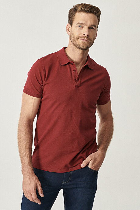 %100 Pamuk Kıvrılmaz Pike Polo Yaka Slim Fit Dar Kesim Bordo Tişört resmi