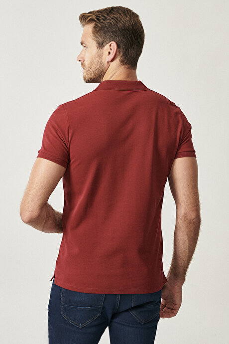 %100 Pamuk Kıvrılmaz Pike Polo Yaka Slim Fit Dar Kesim Bordo Tişört resmi