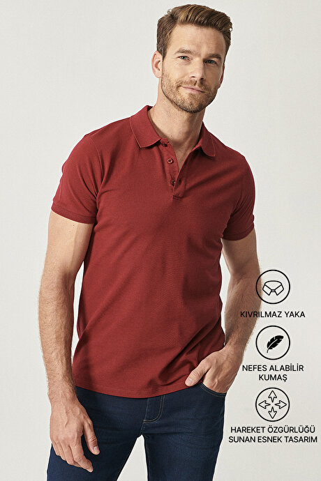 %100 Pamuk Kıvrılmaz Pike Polo Yaka Slim Fit Dar Kesim Bordo Tişört resmi