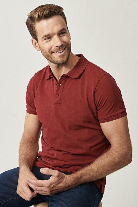 %100 Pamuk Kıvrılmaz Pike Polo Yaka Slim Fit Dar Kesim Bordo Tişört resmi