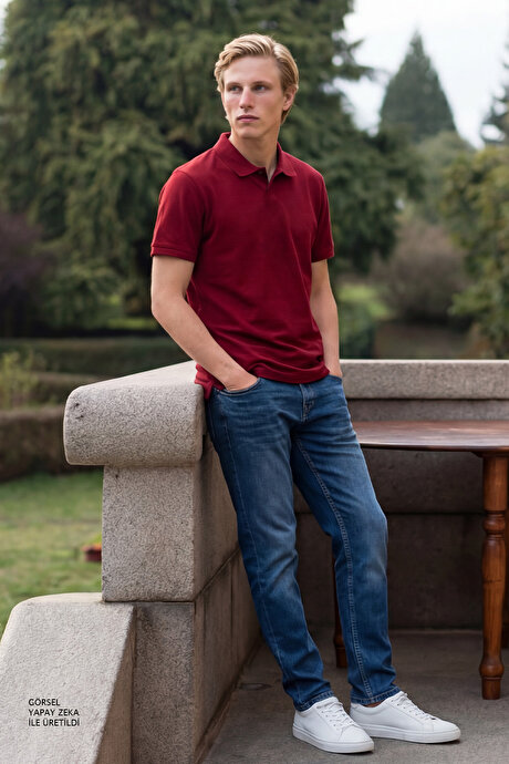 %100 Pamuk Kıvrılmaz Pike Polo Yaka Slim Fit Dar Kesim Bordo Tişört resmi