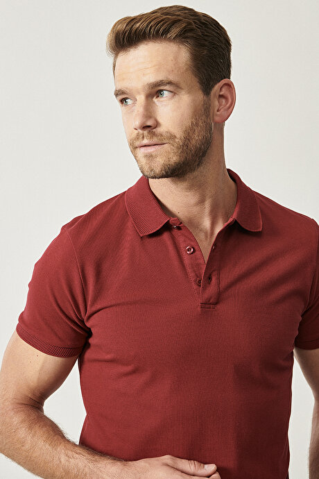 %100 Pamuk Kıvrılmaz Pike Polo Yaka Slim Fit Dar Kesim Bordo Tişört resmi