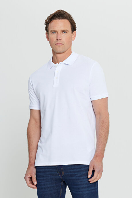 %100 Pamuk Kıvrılmaz Pike Polo Yaka Slim Fit Dar Kesim Beyaz Tişört resmi