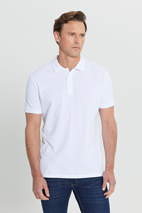%100 Pamuk Kıvrılmaz Pike Polo Yaka Slim Fit Dar Kesim Beyaz Tişört resmi