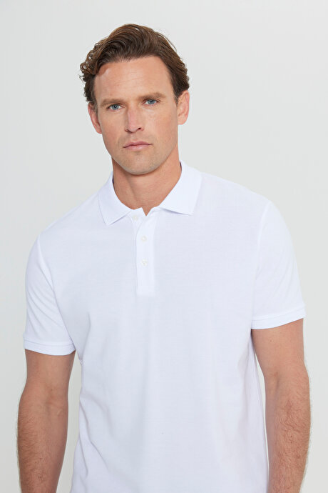 %100 Pamuk Kıvrılmaz Pike Polo Yaka Slim Fit Dar Kesim Beyaz Tişört resmi