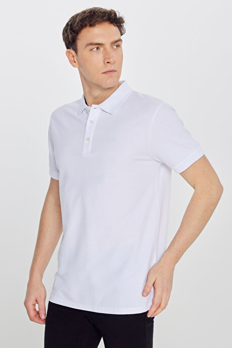 %100 Pamuk Kıvrılmaz Pike Polo Yaka Slim Fit Dar Kesim Beyaz Tişört resmi