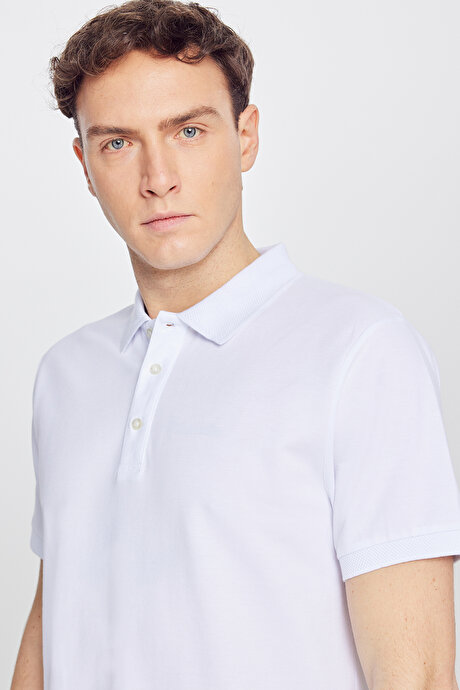 %100 Pamuk Kıvrılmaz Pike Polo Yaka Slim Fit Dar Kesim Beyaz Tişört resmi