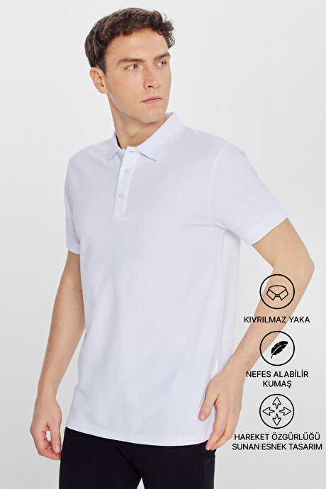 %100 Pamuk Kıvrılmaz Pike Polo Yaka Slim Fit Dar Kesim Beyaz Tişört resmi