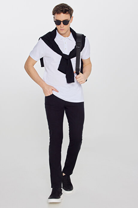 %100 Pamuk Kıvrılmaz Pike Polo Yaka Slim Fit Dar Kesim Beyaz Tişört resmi