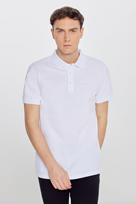 %100 Pamuk Kıvrılmaz Pike Polo Yaka Slim Fit Dar Kesim Beyaz Tişört resmi