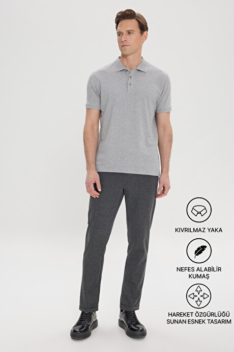 %100 Pamuk Kıvrılmaz Pike Polo Yaka Slim Fit Dar Kesim Gri Melanj Tişört resmi