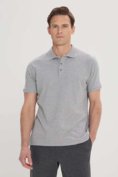 %100 Pamuk Kıvrılmaz Pike Polo Yaka Slim Fit Dar Kesim Gri Melanj Tişört resmi