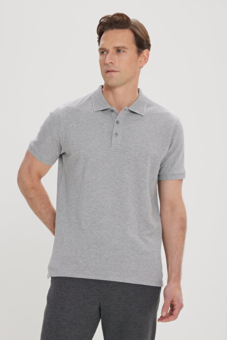 %100 Pamuk Kıvrılmaz Pike Polo Yaka Slim Fit Dar Kesim Gri Melanj Tişört resmi