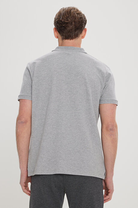 %100 Pamuk Kıvrılmaz Pike Polo Yaka Slim Fit Dar Kesim Gri Melanj Tişört resmi