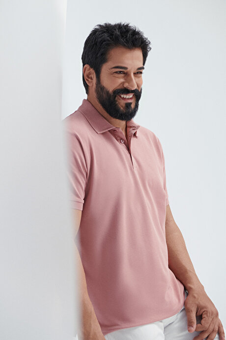 %100 Pamuk Kıvrılmaz Pike Polo Yaka Slim Fit Dar Kesim Gül Kurusu Tişört resmi