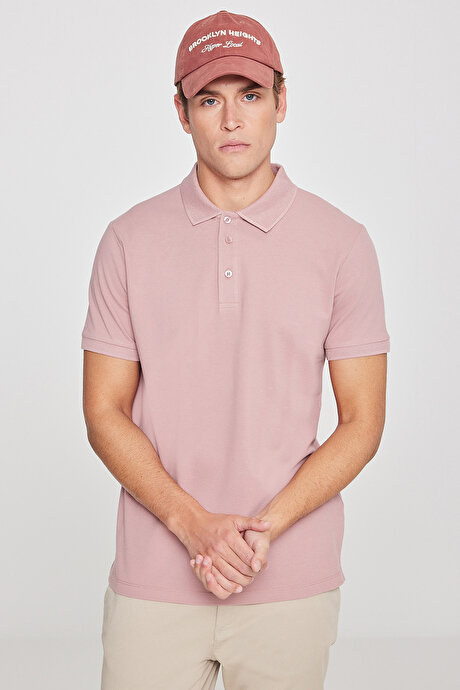 %100 Pamuk Kıvrılmaz Pike Polo Yaka Slim Fit Dar Kesim Gül Kurusu Tişört resmi