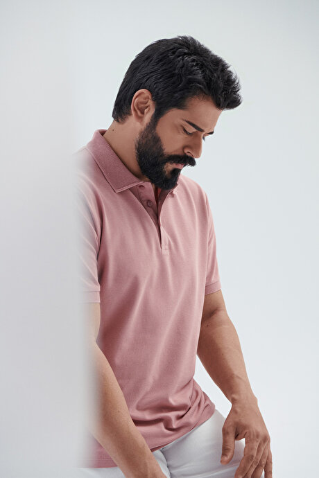%100 Pamuk Kıvrılmaz Pike Polo Yaka Slim Fit Dar Kesim Gül Kurusu Tişört resmi
