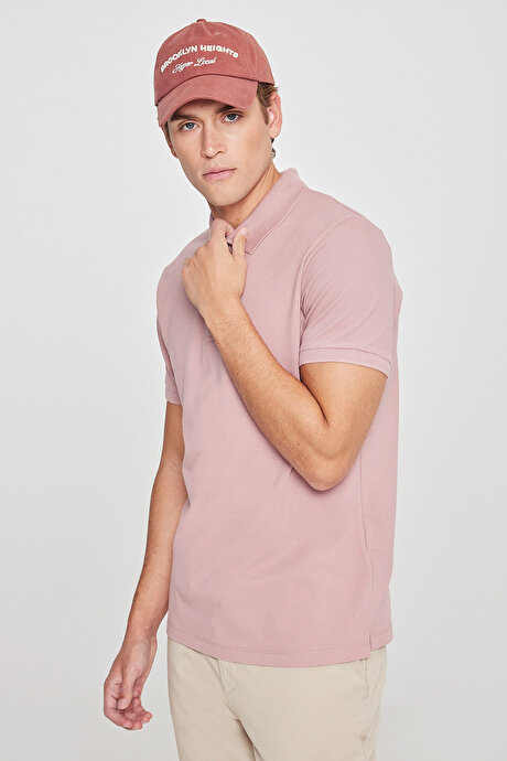 %100 Pamuk Kıvrılmaz Pike Polo Yaka Slim Fit Dar Kesim Gül Kurusu Tişört resmi