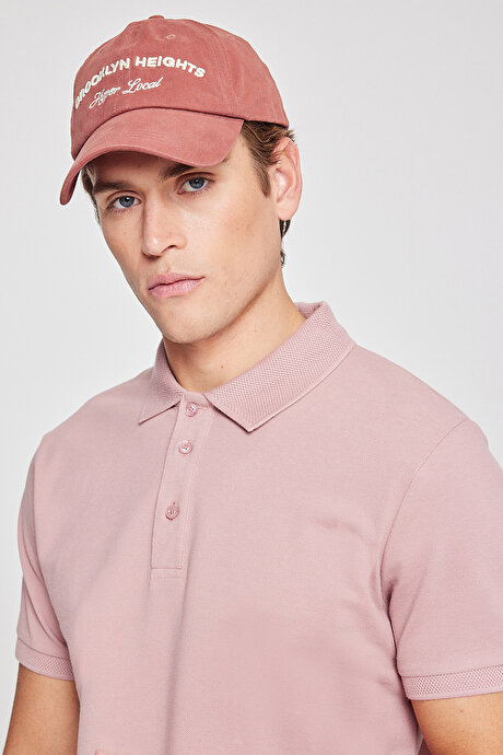 %100 Pamuk Kıvrılmaz Pike Polo Yaka Slim Fit Dar Kesim Gül Kurusu Tişört resmi