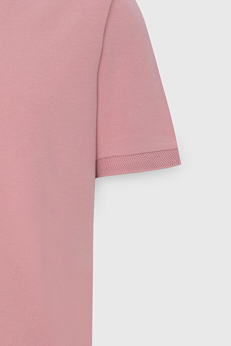 %100 Pamuk Kıvrılmaz Pike Polo Yaka Slim Fit Dar Kesim Gül Kurusu Tişört resmi