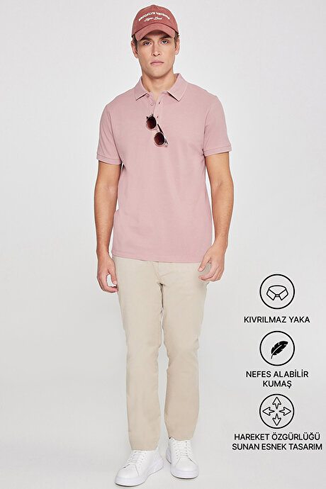 %100 Pamuk Kıvrılmaz Pike Polo Yaka Slim Fit Dar Kesim Gül Kurusu Tişört resmi