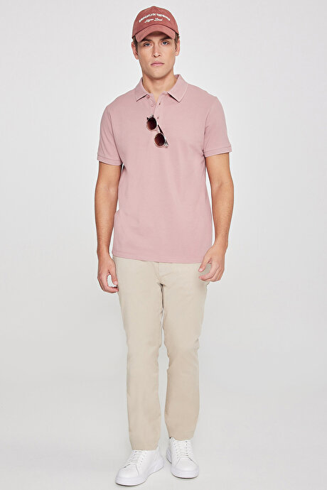 %100 Pamuk Kıvrılmaz Pike Polo Yaka Slim Fit Dar Kesim Gül Kurusu Tişört resmi
