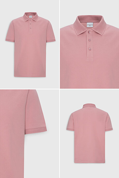%100 Pamuk Kıvrılmaz Pike Polo Yaka Slim Fit Dar Kesim Gül Kurusu Tişört resmi