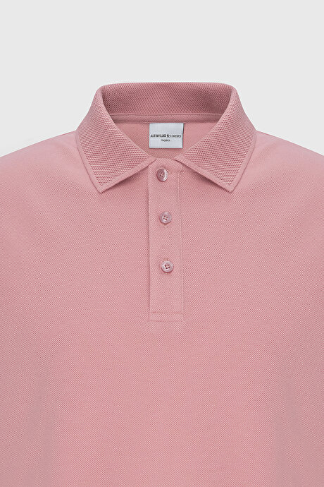 %100 Pamuk Kıvrılmaz Pike Polo Yaka Slim Fit Dar Kesim Gül Kurusu Tişört resmi