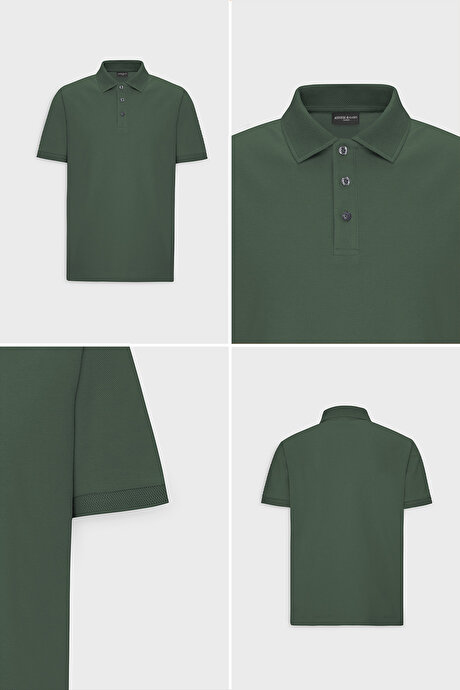 %100 Pamuk Kıvrılmaz Pike Polo Yaka Slim Fit Dar Kesim Haki Tişört resmi
