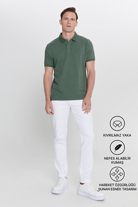 %100 Pamuk Kıvrılmaz Pike Polo Yaka Slim Fit Dar Kesim Haki Tişört resmi