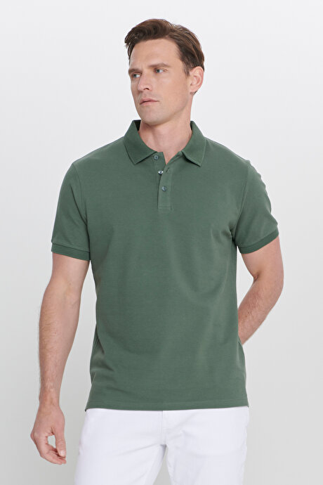 %100 Pamuk Kıvrılmaz Pike Polo Yaka Slim Fit Dar Kesim Haki Tişört resmi