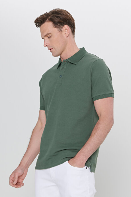 %100 Pamuk Kıvrılmaz Pike Polo Yaka Slim Fit Dar Kesim Haki Tişört resmi