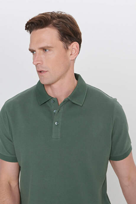 %100 Pamuk Kıvrılmaz Pike Polo Yaka Slim Fit Dar Kesim Haki Tişört resmi