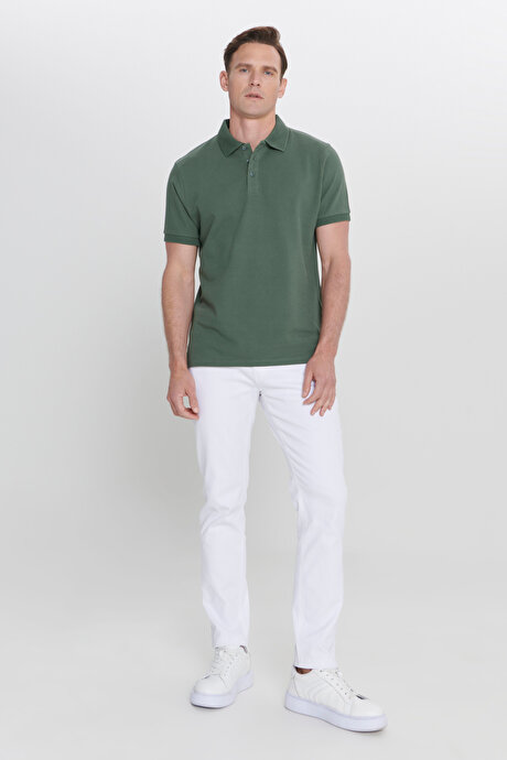 %100 Pamuk Kıvrılmaz Pike Polo Yaka Slim Fit Dar Kesim Haki Tişört resmi