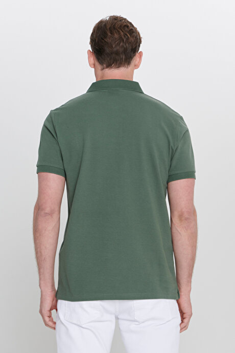 %100 Pamuk Kıvrılmaz Pike Polo Yaka Slim Fit Dar Kesim Haki Tişört resmi