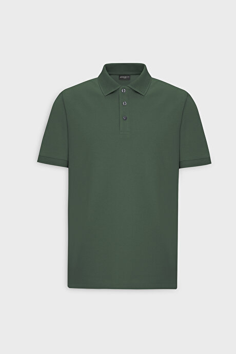 %100 Pamuk Kıvrılmaz Pike Polo Yaka Slim Fit Dar Kesim Haki Tişört resmi